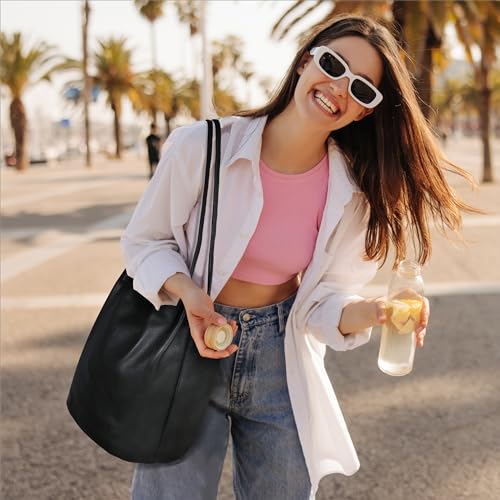 Iswee Black Leather Tote Bag Soft Genuine Leather Shoulder Bag Bucket Bags for Women Handbags and Purses Slouchy Hobo Large Satchel (Black)