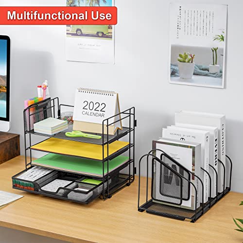 Lavatino 5 Tier Desk File Organizer, Letter Tray Paper Organizer with Pen Holders, Office Supplies Desk Accessories & Workspace with Sliding Drawers, Desk File Holder for Office, School, Home, Black