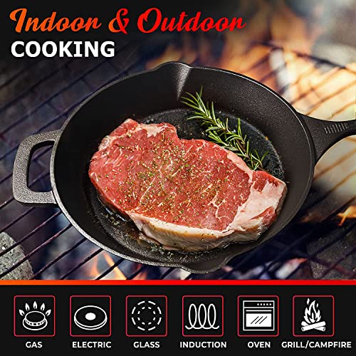 Mueller Pre-Seasoned Heavy-Duty Healthy Cast Iron Skillet 10-inch, Cast Iron Pan, Dual Handles & Dual Pouring Lips, Safe across All Cooktops, Oven, BBQ, or Campfire