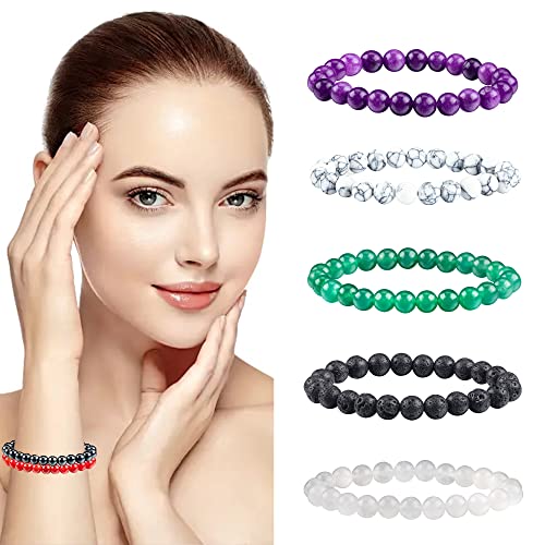 10 Pcs 8mm Gemstone Bracelets set for Men Women Round Beaded Bracelets-Semi-Precious Stretch Crystal Beaded Bracelets Unisex