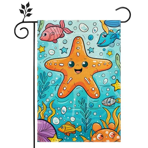 Summer Garden Flag, Starfish Garden Flag, Yard Home Decor Welcome Garden Flag, 12x18 Inch Double Sided Burlap, Outdoor Lawn Flag