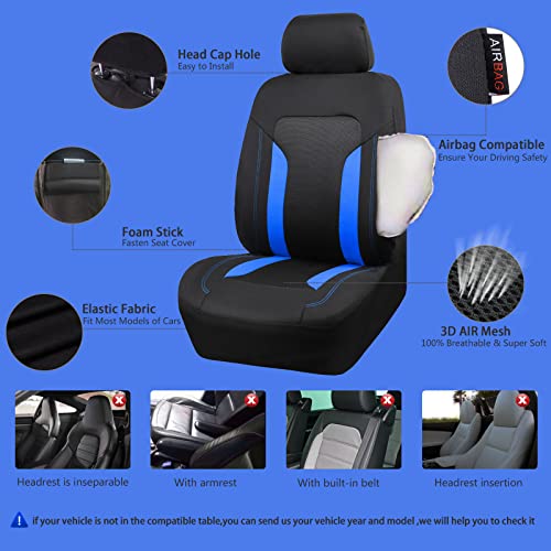 CAR PASS 3D Air Mesh Car Seat Covers Full Set, Breathable Sporty Rear Bench with Zipper for Armrest Box Universal Fit 95% Automotive SUV,Truck,Sedan Interior Cute Women Airbag Compatible, Black Blue