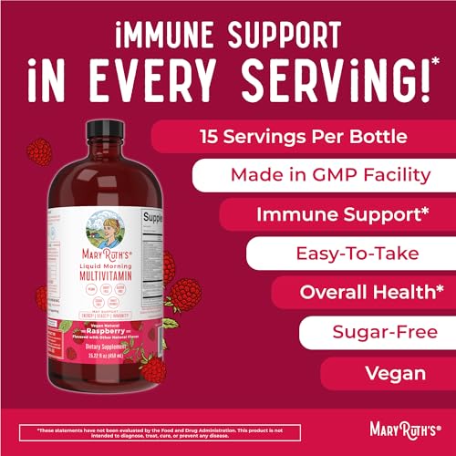 MaryRuth's Multivitamin for Women | Men & Kids | Vegan Liquid Vitamins & Minerals | Adults & Kids Multivitamins | Beauty & Energy Booster | Raspberry | No Added Sugar | 15.22 Fl Oz