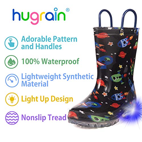 HugRain Toddler Boys Rain Boots Little Kids Baby child Light Up Waterproof Rubber Shoes Printed Mud Lightweight Adorable with Easy-On Handles Non Slip Sole Crane Excavator Blue Size 6