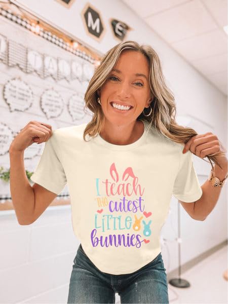 Easter Teacher Shirts Womens I Teach The Cutest Little Bunnies T Shirts Casual Bunny Graphic Short Sleeve Top Apricot