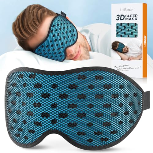 LitBear Breathable Sleep Mask, 3D Eye Mak Sleep for Side Sleepers Women Men, Light Blocking Sleeping Mask with Adjustable Strap, Soft Lightweight Eye Cover for Travel, Night Work, Nap, Office - Blue