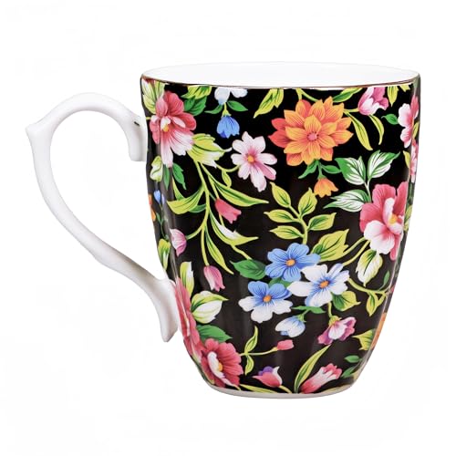 PMNING 14oz Floral Mug Porcelain Coffee Tea Cups - Novetly Floral Coffee Mugs Flower Coffee Mugs for Women Men - Christmas Birthday Gifts for Dad Mom Brother Friend(Black)