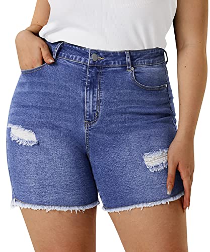 RITERA Plus Size Shorts for Women Jean Stretch Curvy Casual Pants Oversized Basic Black Ripped Jeans with Pocket Summer High Waisted Fringe Denim Shorts Skinny Ladies Jeans 26W 4X 4XL