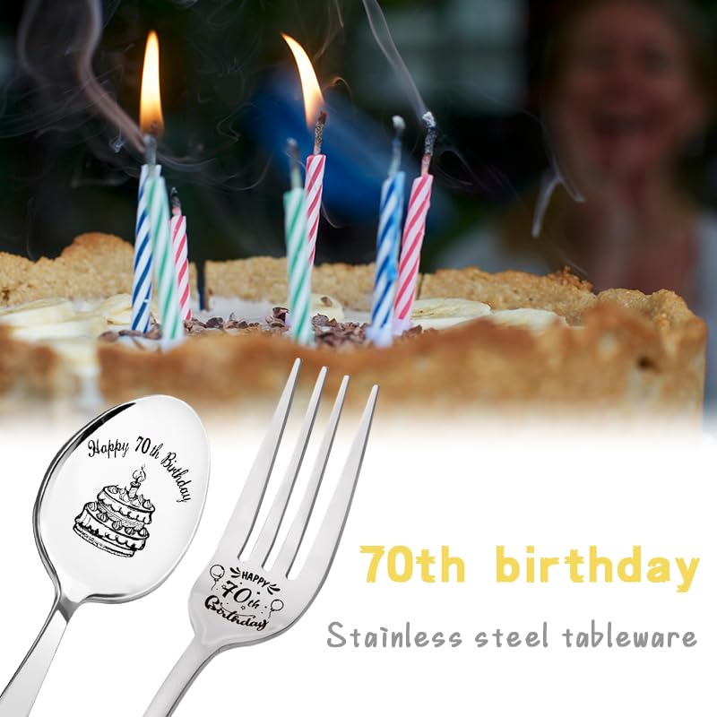 Happy 70th Birthday Gifts for Women Men Funny Cake Spoon and Fork Set 70 Year Old Birthday Gifts for Mom Dad 70 Yr Old Birthday Gifts for Grandma Grandpa Birthday Gifts for Sister Brother Gift Ideas