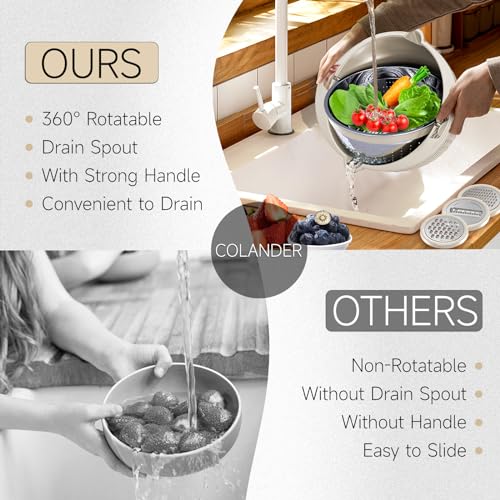 4-1 Colander with Bowl Set - Colander Bowl with Measuring Spoons - Fruit Strainer Bowl, Colanders & Food Strainers Stainless Steel, Rotatable Kitchen Colander Strainer Bowl - Beige