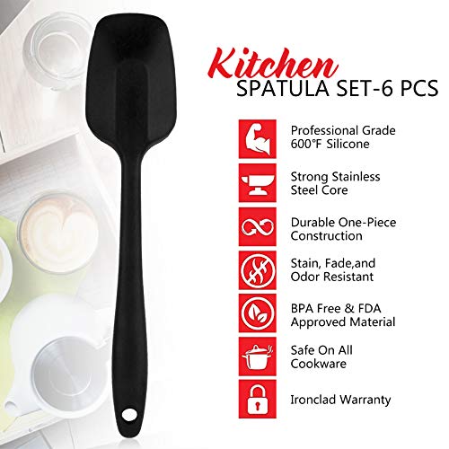 Shebaking Silicone Spatula, 6 pieces Heat Resistant Rubber Spatulas Set for Baking, Cooking and Mixing Kitchen Utensils Seamless One Piece Spatula with Stainless Steel Core (Black)