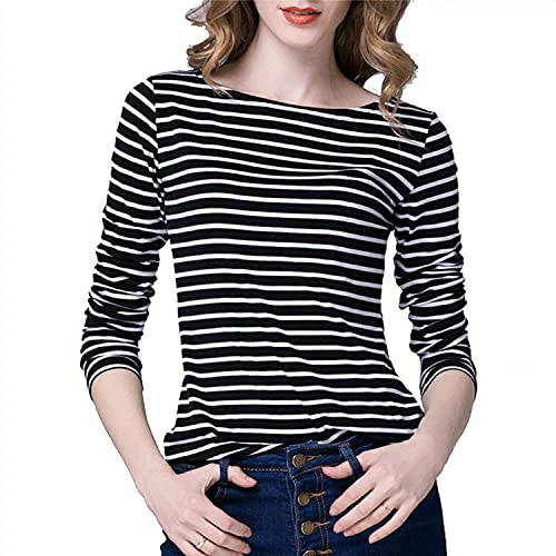 Tulucky Women's Casual Long Sleeve Shirts Stripe Tees Round Neck Tank Tops (S, Black)