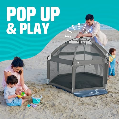 POP 'N GO Baby Playpen - Indoor & Outdoor Playpen for Babies and Toddlers - Baby Beach Tent, Foldable, Portable W/Canopy, Travel Bag, & Mosquito Net - Pop Up Pack and Play Tent (Anchor Grey)
