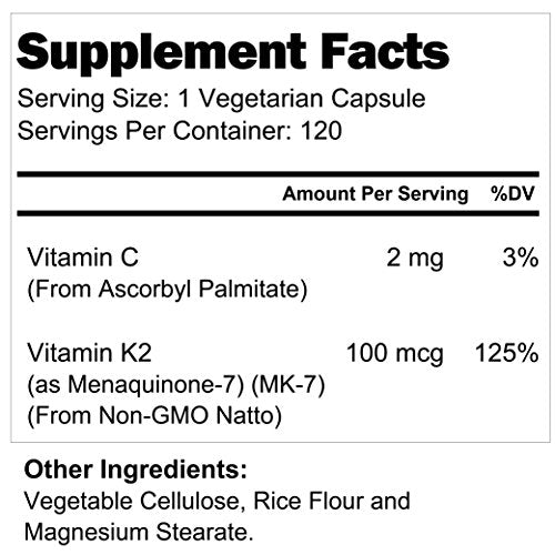 LongLifeNutri Vitamin K2 MK-7 100mcg – 120 Vegetarian Capsules for Bone and Heart Health, 4-Month Supply, Alcohol-Free, Lab Tested, Made in USA, Non GMO