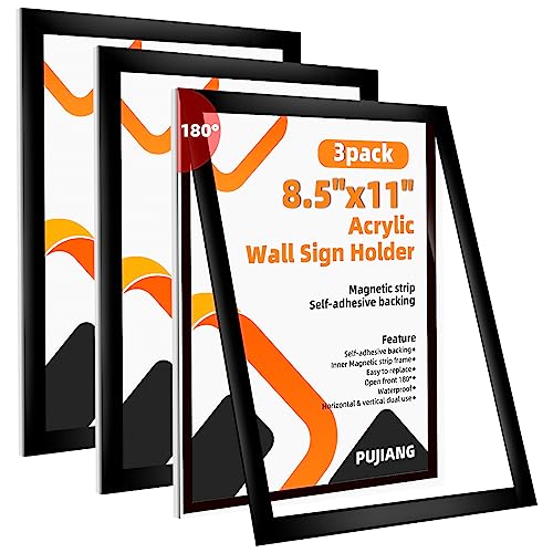 PUJIANG 3Pack Acrylic Sign Holder 8.5x11 Wall Mount,Clear Wall Sign Holder with Tape,Horizontal & Vertical Display,Plastic Sign Holder for Wall Door Glass Window Fridge-No Drilling