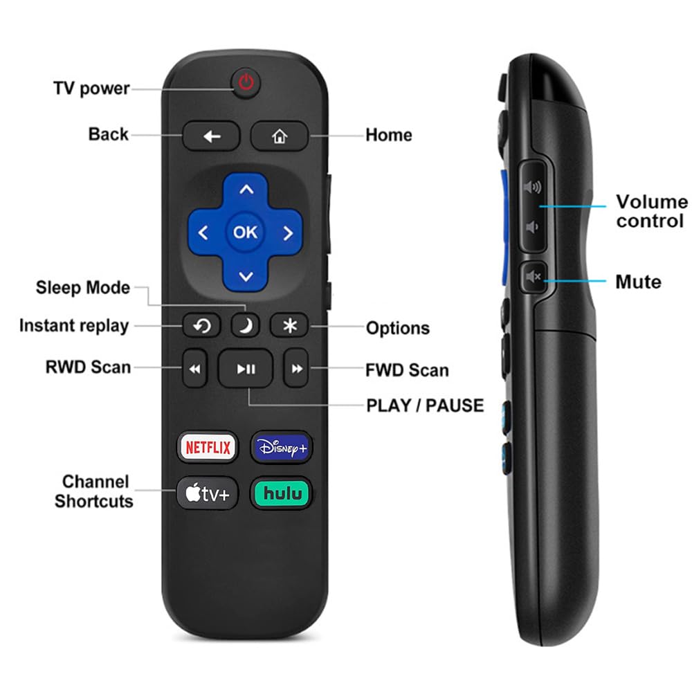 New Replacement for Roku-TV-Remote, Roku Remote Control for TCL Roku/Hisense/Onn Roku/Sharp Series Smart TVs (Not for Roku Stick and Box), with 4 Shortcuts Netflix/Disney/Hulu/Apple TV(2 Bateries)