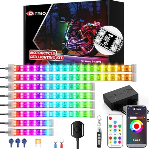 8PCS Double Row Motorcycle Led Lights with Brake Turn Signal,Underglow Light Kits with DITRIO APP/RF Remote Control, Dual Zone,Waterproof,12V Pixelglow RGB Lights for Motorcycles, Golf Carts, UTVs