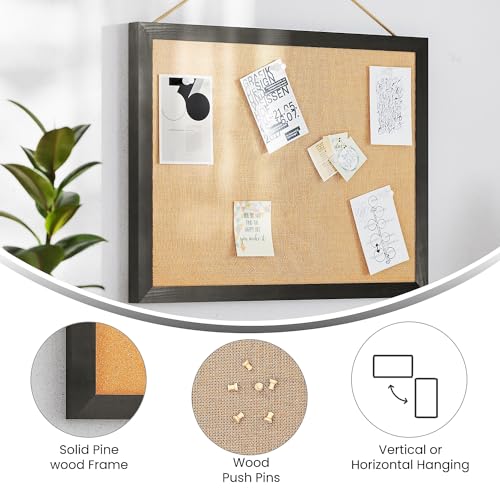 Flash Furniture Rustic Wall Mount Linen Board, for Home, Office, School, Comes with Wood Push Pins, 18" x 24", Black