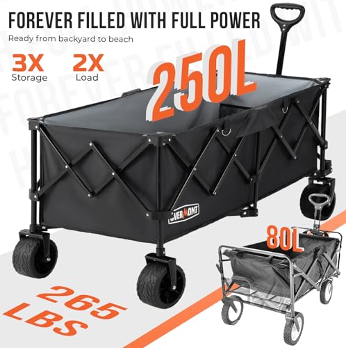 Overmont 45'' Collapsible Foldable Extended Wagon Cart - 300L Heavy Duty 440lbs Large Capacity Folding Utility Wagon with All-Terrain Wide Wheels for Camping Sports Grocery Picnic