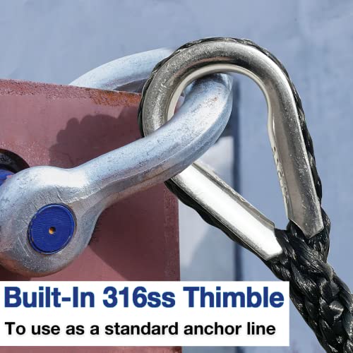 100 FT Double Braided Nylon Boat Anchor Rope 3/8inch with 316 Stainless Steel Thimble and Heavy Duty Snap Hook Marine Grade Anchor line Black