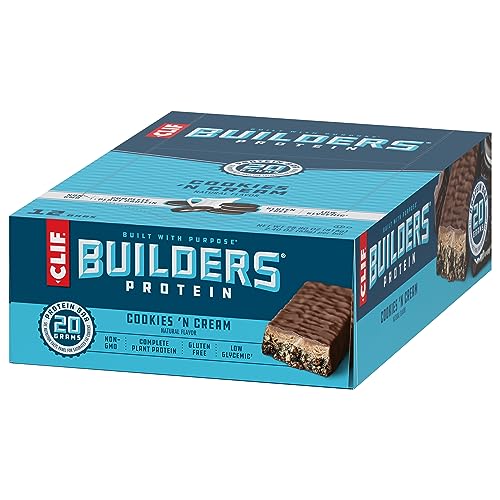 CLIF Builders - Cookies 'n Cream Flavor - Plant Based Protein Bars - Gluten Free - Non-GMO - Low Glycemic - 20g Protein - 2.4 oz. (12 Count)