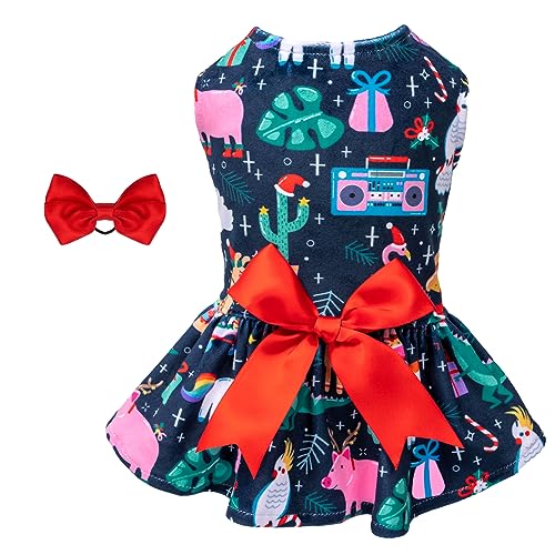 CuteBone Elf Dog Dresses Velvet Holiday Small Dogs Clothes Onesie Pet Apparel Girl Puppy Skirt with Bow Hair Rope CVA55XS-D