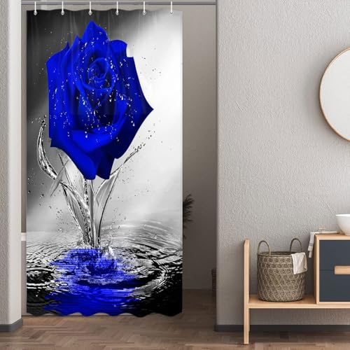 Blue Rose Shower Curtain for Bathroom, Elegant Blooming Floral with Dew Spring Flower Reflection on Water Modern Romantic Valentine's Day Bathroom Decor Shower Curtains Set with 12 Hooks36X72 Inches