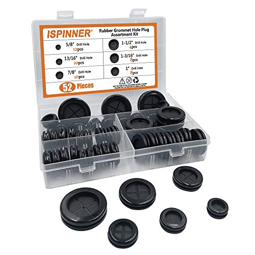 ISPINNER 52pcs 6 Sizes Rubber Grommet, Double Sided Round Rubber Hole Plug, Drill Hole 5/8" 13/16" 7/8" 1" 1-3/16" 1-1/2" (Black)