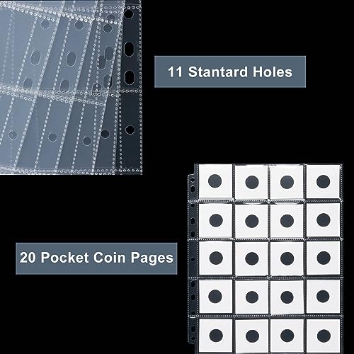 50ct 20-Pocket Coin Pages - Coin Pocket Pages for 2 x 2 Inch Cardboard Coin Holders, 11 Holes for Coin Binder, Coin Collecting Album Protectors, Coin Collection Storage