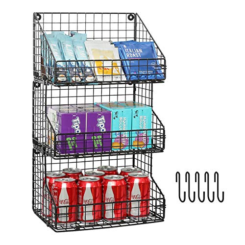 X-cosrack 3-Tier Stackable Detachable Snack Organizer (Large Size), Countertop Display/Wall Mounted Shelf with 5 Hooks Wire Basket Snack Shelf for Office Cabinets, Kitchen, Pantry, 11.8x7.8x22 Inch