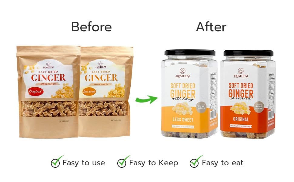 Homtiem Dried Crystallized Ginger Less Sweet (16 Ounce) Real Soft, Chews and Candied Delicious pieces Gingers, Easy to eat, No Artificial Colors, All-Natural and Preservative-Free(1 LB)