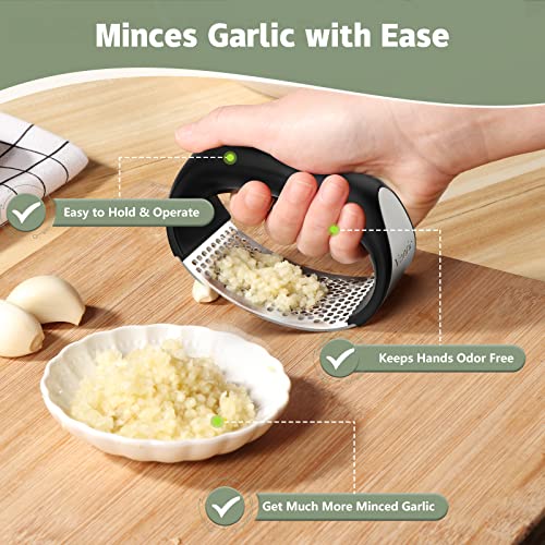 Vantic Garlic Press Rocker - Stainless Steel Garlic Mincer Garlic Crusher, New Innovative Garlic Chopper with Peeler and Scraper for Smash Garlic