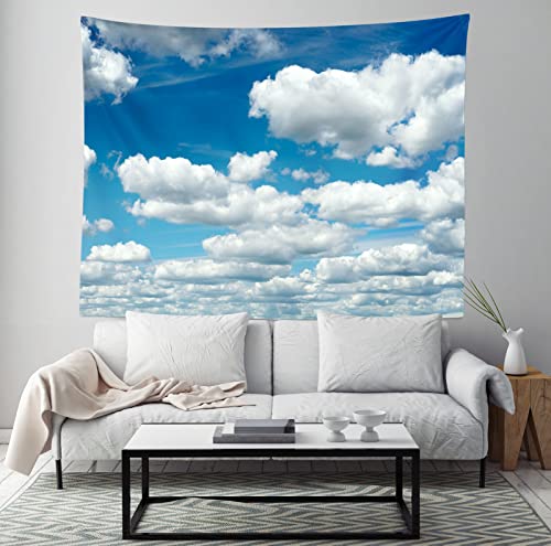 CORFOTO 60x40in Fabric Blue Sky Tapestry White Clouds Wall Picture Tapestry Wall Hanging Blue Sky Wall Tapestry for Bedroom Aesthetic Living Room College Dorm Decor Study Room Window Decor Wallpaper