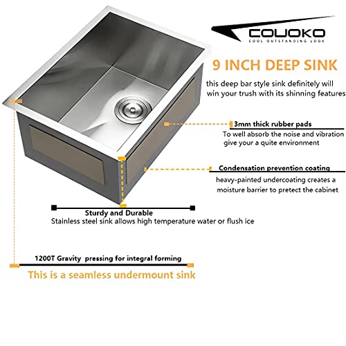 Couoko 27 Inch Undermount Kitchen Sink 16 Gague Stainless Steel Round Corner Single Bowl Deep Kitchen Sinks Basin 27"x18"x9"