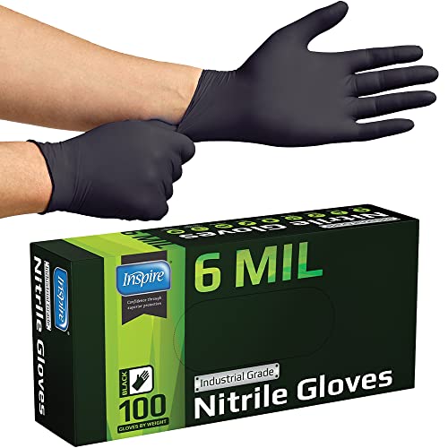 Inspire HEAVY DUTY 6Mil ORIGINAL Quality Stretch Nitrile Black Gloves Disposable Latex Free |Medical, Food, Mechanic, Tattoo