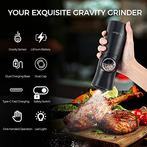 Flendy Gravity Electric Salt and Pepper Grinder Set Rechargeable, Automatic Salt and Pepper Grinder Set with USB C Charging Base, Gravity Salt and Pepper Shakers Set Electric