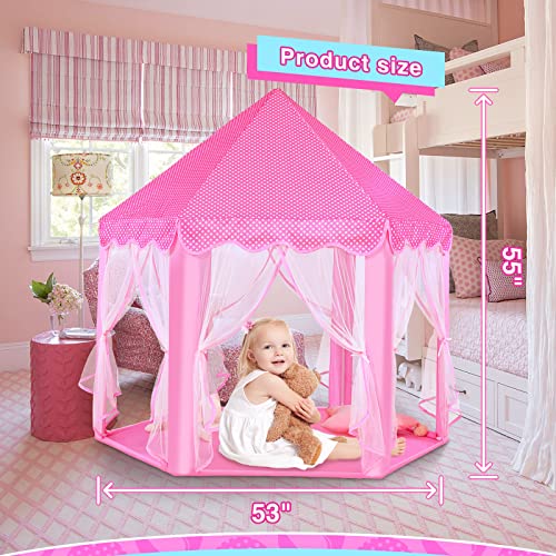 Monobeach Princess Castle Play Tent for Girls - Large 55'' x 53'' Playhouse with Star Lights for Indoor and Outdoor Play