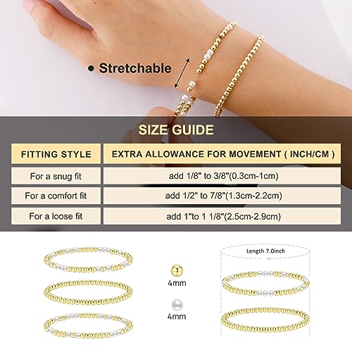 Gold Bracelets for Women Gold Bracelet Stack Pearl Bracelet Beaded Bracelets for Women 14K Gold Plated Stretch Bead Ball Bracelet Sets Jewelry for Christmas Birthday Gifts