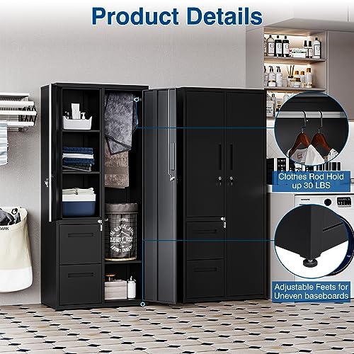 PEUKC Metal Storage Cabinets with Locking Doors, 67" Freestanding Clothing Coat Storage Wardrobe Lockers for Office, Home, School, Garage, Gym (Black)