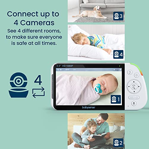 Babysense 5.5” 1080p Full HD Split-Screen Baby Monitor, Video Baby Monitor with Camera and Audio, PTZ Camera, RGB Night Light, 1000ft Range, Two-Way Audio, 4X Zoom, 5000mAh Battery