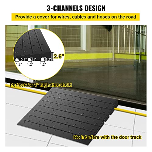 VEVOR Rubber Threshold Ramp, 2.6" Rise Threshold Ramp Doorway, 3 Channels Cord Cover Rubber Threshold Ramp, Rubber Angled Entry Rated 2200Lbs Load Capacity for Wheelchair and Scooter