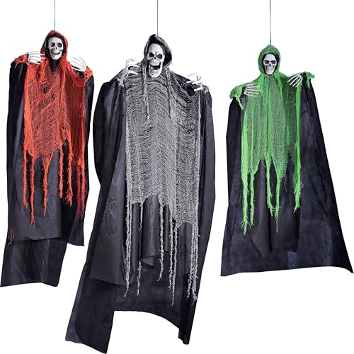 JOYIN 3 Pcs Halloween Hanging Grim Reapers, one 63” Two 47” Grim Reapers, Halloween Skeleton Flying Ghost for Halloween Outdoor Decoration, Haunted Haunted House Prop, Halloween Party Supplies Decor