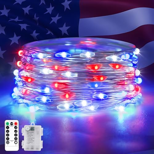 Heceltt 23FT 4th of July Decorations Red White and Blue Fairy Lights 69LED Battery Operated with Touch Patriotic Lights for Bedroom, Independence Day Decorations