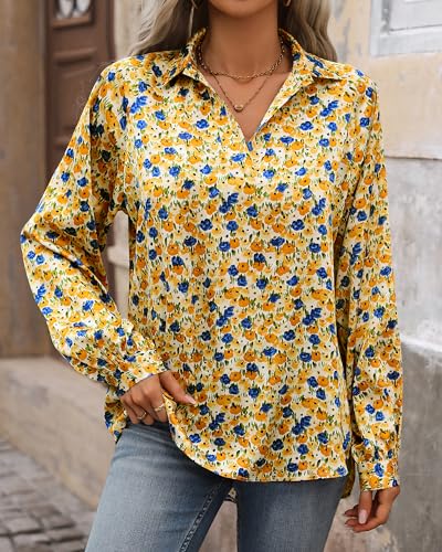 BTFBM Women's Spring Summer Blouse Tops 2024 V Neck Lantern Long Sleeve Floral Boho Loose Casual Blouses Vacation Shirt(Floral Pink Yellow, Large)