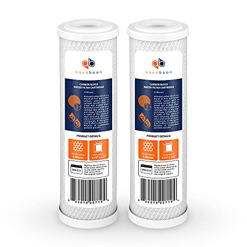 Aquaboon 5 Micron 10 x 2.5 Carbon Block Water Filter Cartridge CTO Whole House Water Filter Replacement Compatible with WHKF-WHWC, FXWTC, 2-PACK