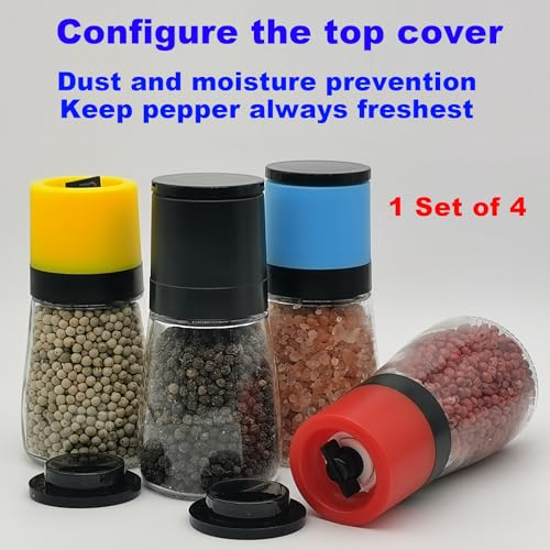 ANDONG Salt and Pepper Grinder Set of 4,Salt Grinder Refillable Manual,Pepper Mill Salt Mill with Adjustable Coarseness,Glass Salt and Pepper Shakers Set with Lids