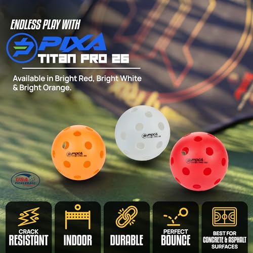 PIXA Titan Pro 26 Injection Molded Indoor Pickleball - USAPA Approved, Tournament Play, Durable Indoor Pickleballs, Consistent Bounce, Smooth Flight, Ideal for Competitive Play- Bright Red, Pack of 6