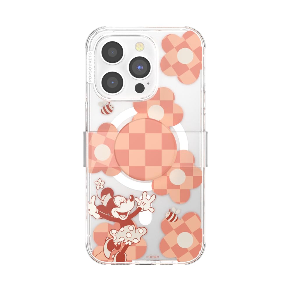 PopSockets iPhone 14 Pro Case with Phone Grip and Slide Compatible with MagSafe, Phone Case for iPhone 14 Pro, Wireless Charging Compatible, Disney - Minnie Checker Flower