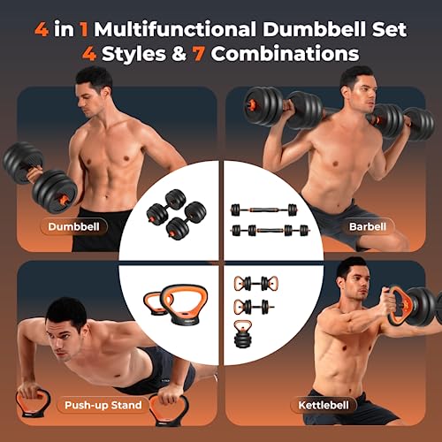 FEIERDUN Adjustable Dumbbells, 20lbs Free Weight Set with Connector, 4 in1 Dumbbells Set Used as Barbell, Kettlebells, Push up Stand, Fitness Exercises for Home Gym Suitable Men/Women