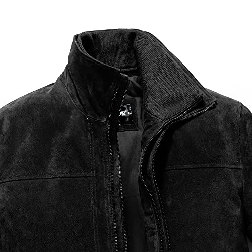 FLAVOR Men's Classic Leather Jacket Suede Winter Coat with Removable Collar (Small, Black)